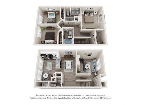 a stylized view of a 2 bedroom floor plan with a bathroom and a kitchen